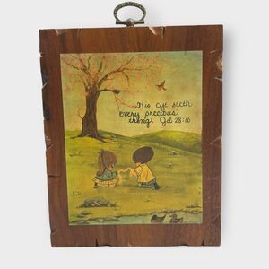 VTG Small Wall Art Wood Block Decoupage Children Field Religious Job 28:10